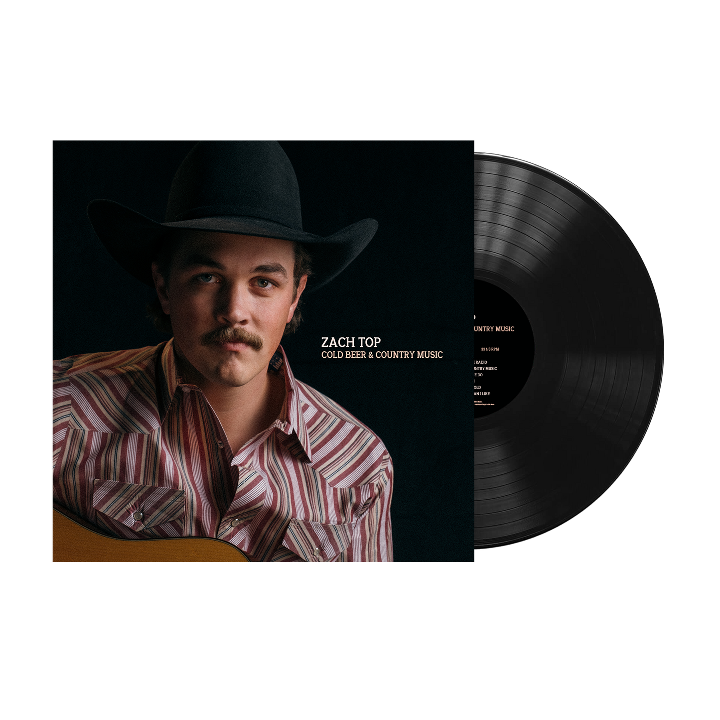 Album cover featuring a country music artist wearing a cowboy hat and striped shirt, alongside a vinyl record.