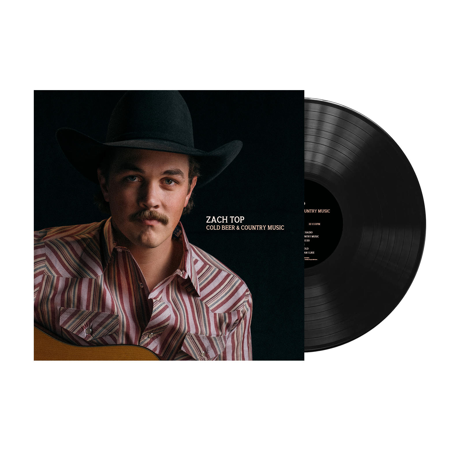 Album cover featuring a country music artist wearing a cowboy hat and striped shirt, alongside a vinyl record.