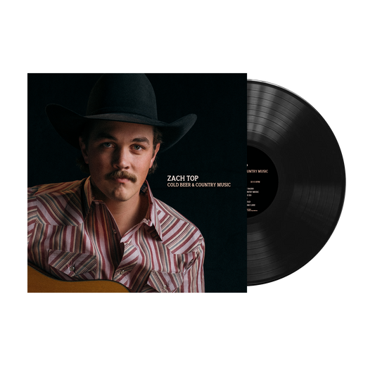 Album cover featuring a country music artist wearing a cowboy hat and striped shirt, alongside a vinyl record.