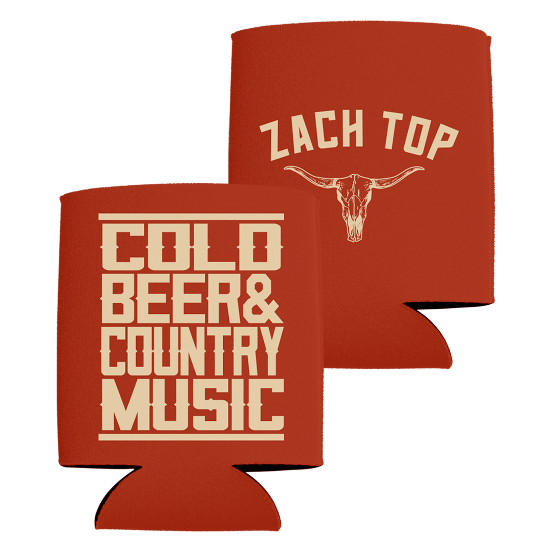 Red can cooler with ’Zach Top’ and country music-themed text printed on it.