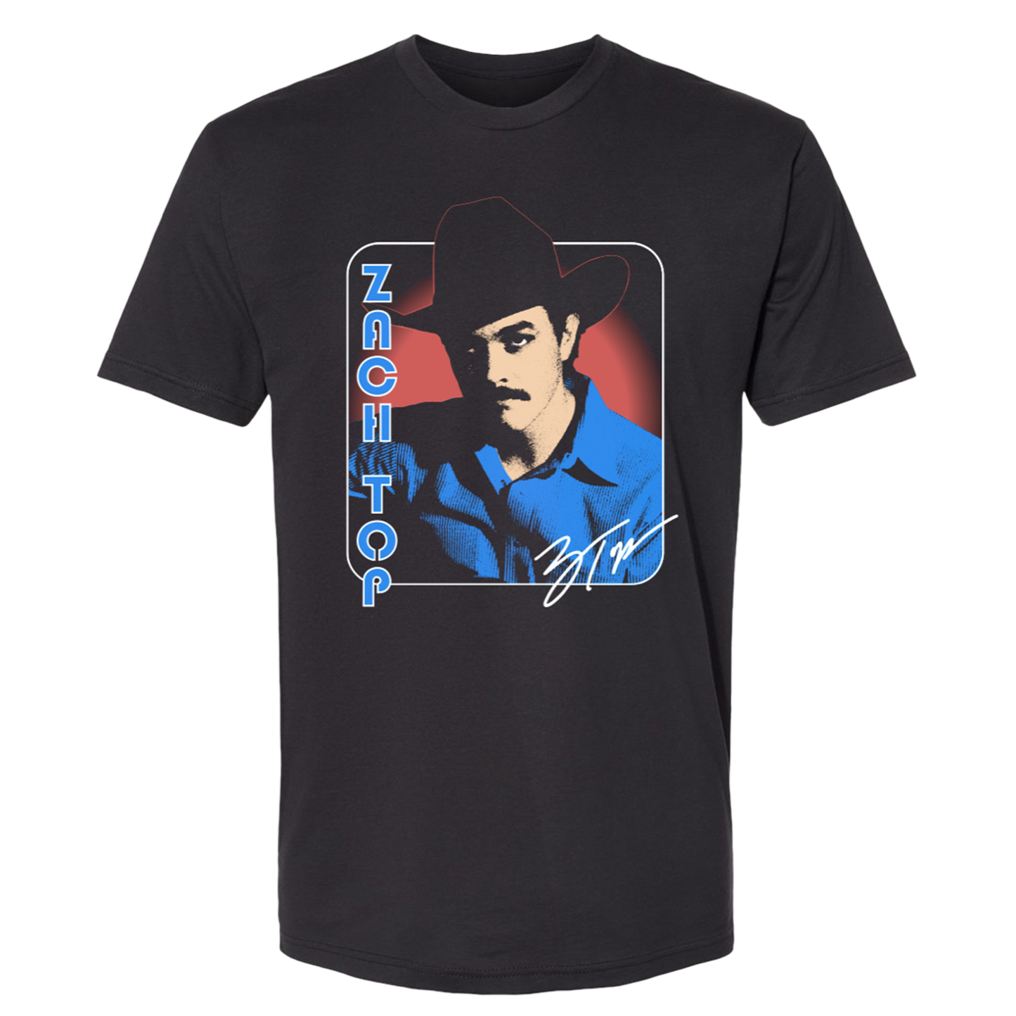 Black t-shirt featuring a portrait of a man in a cowboy hat with ’ZACH TOP’ text.