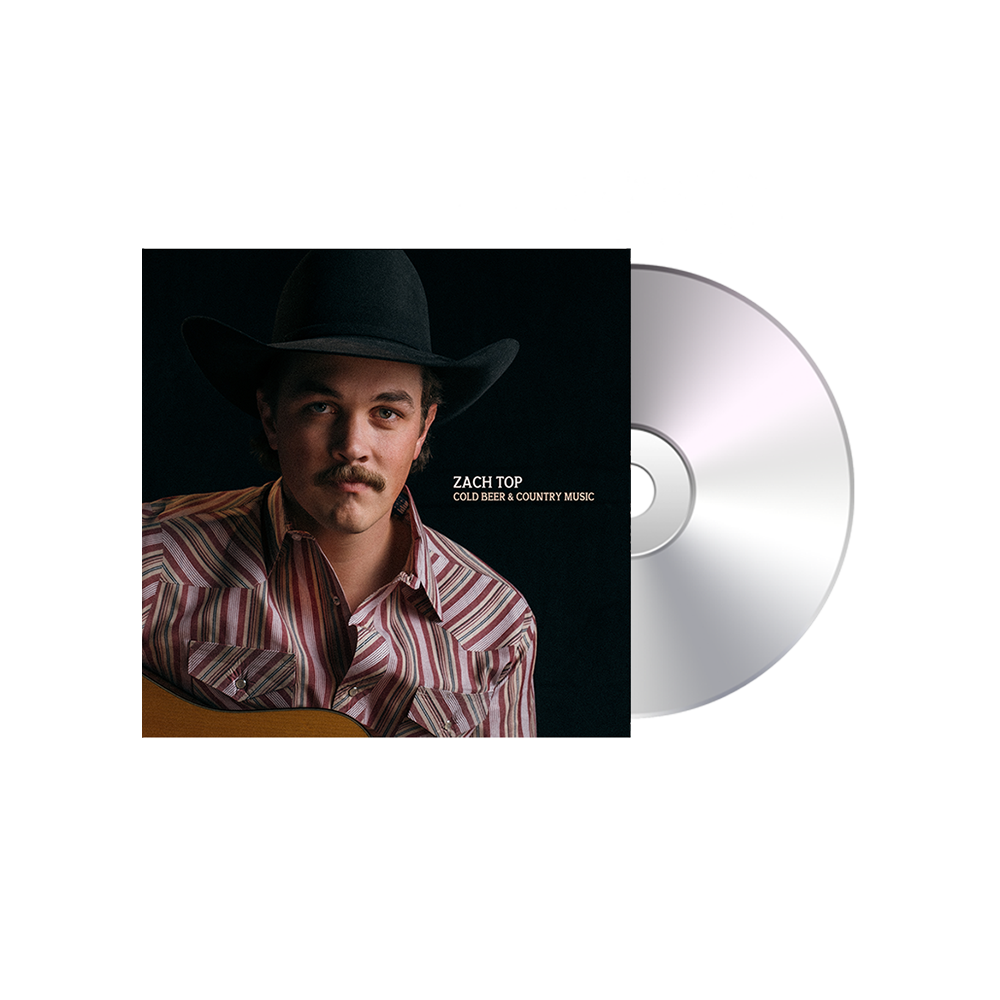 Album cover featuring a country music artist wearing a cowboy hat and striped shirt, alongside a CD.