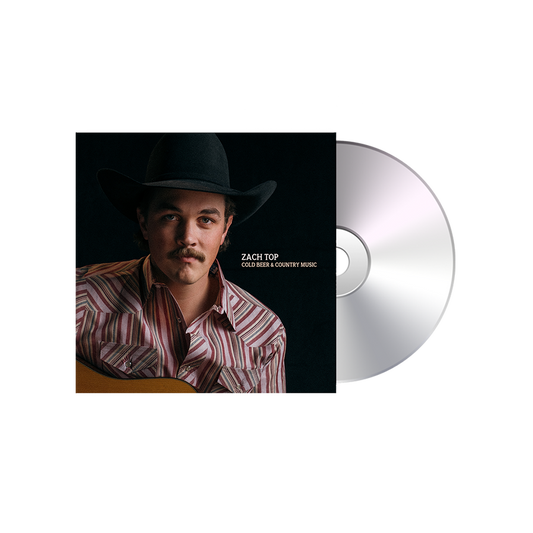 Album cover featuring a country music artist wearing a cowboy hat and striped shirt, alongside a CD.