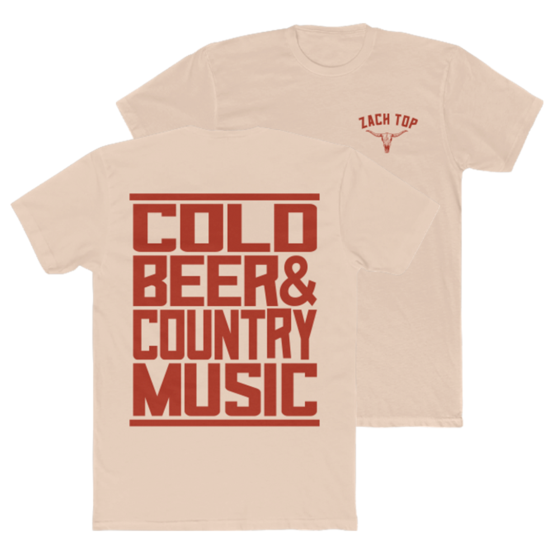 Beige t-shirt with red text reading ’COLD BEER & COUNTRY MUSIC’ on the back and a small logo on the front.