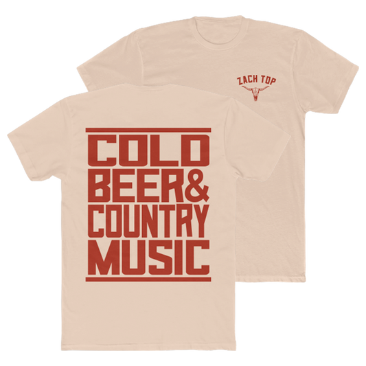 Beige t-shirt with red text reading ’COLD BEER & COUNTRY MUSIC’ on the back and a small logo on the front.