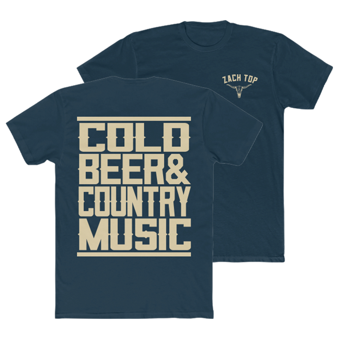 Navy blue t-shirt with ’COLD BEER & COUNTRY MUSIC’ printed on the back in beige lettering.