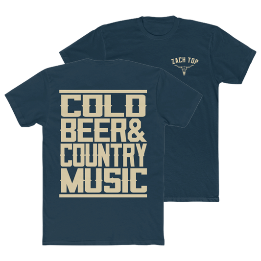 Navy blue t-shirt with ’COLD BEER & COUNTRY MUSIC’ printed on the back in beige lettering.