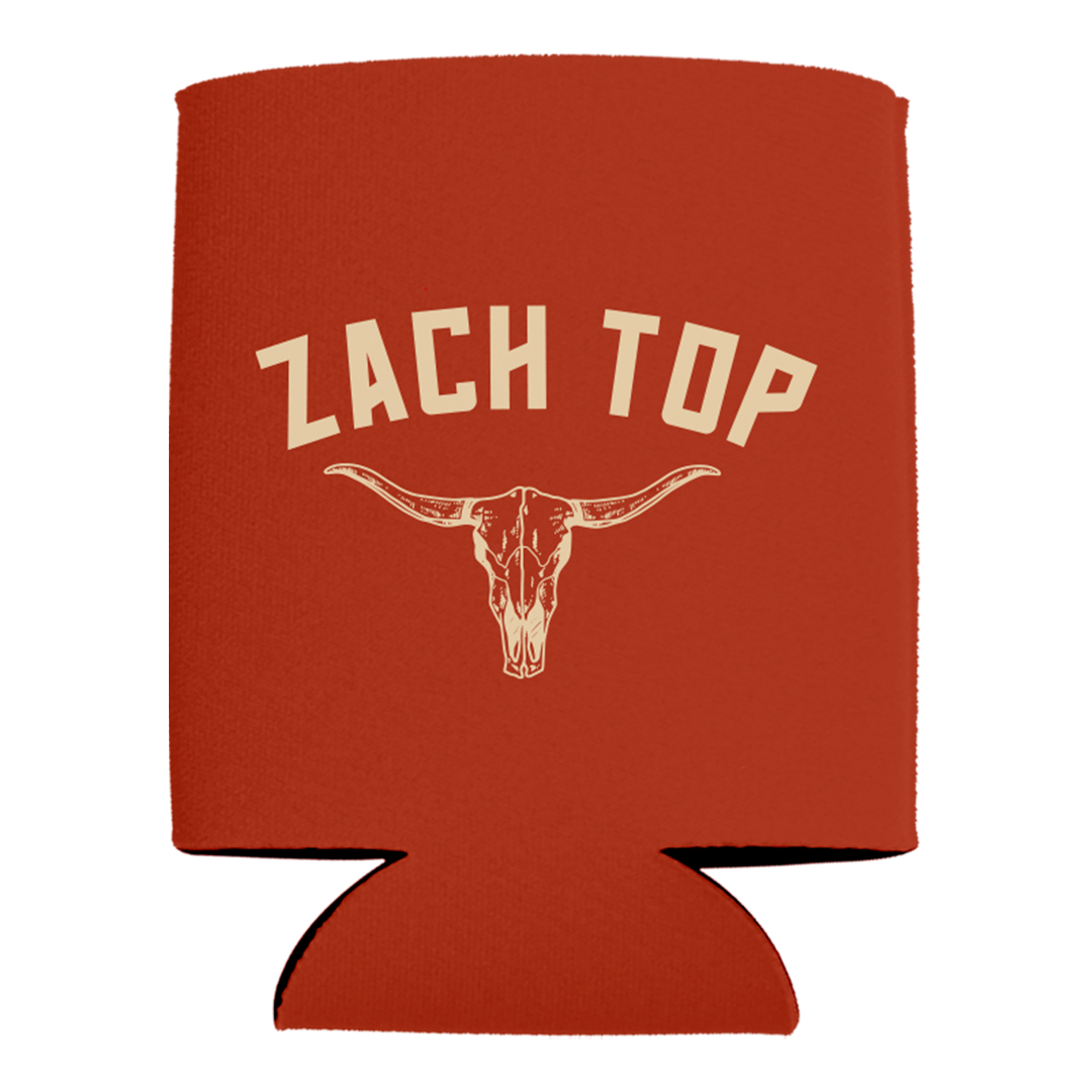 Red can cooler with ’ZACH TOP’ text and a longhorn skull design.