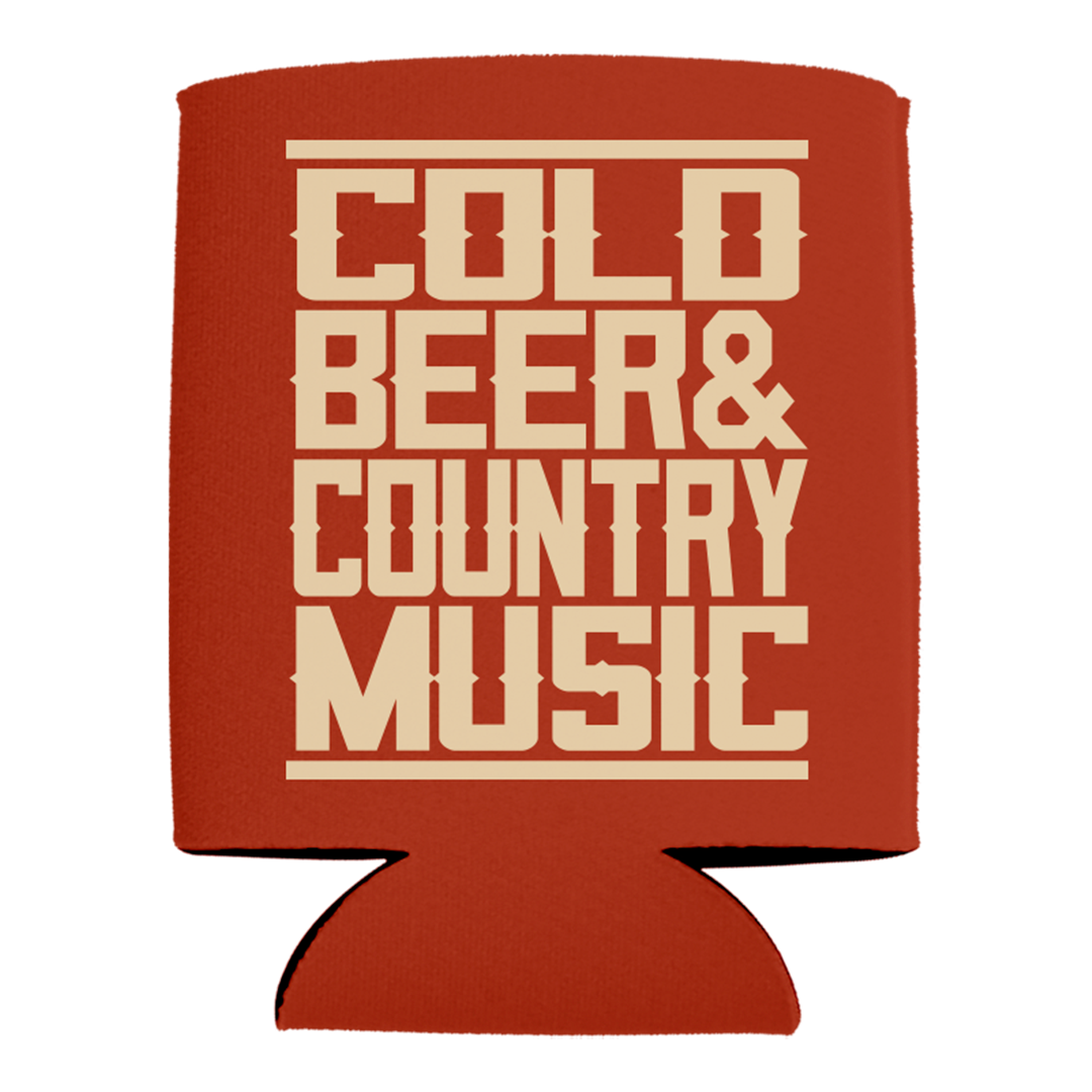 Red can cooler with text ’COLD BEER & COUNTRY MUSIC’ printed in beige lettering.